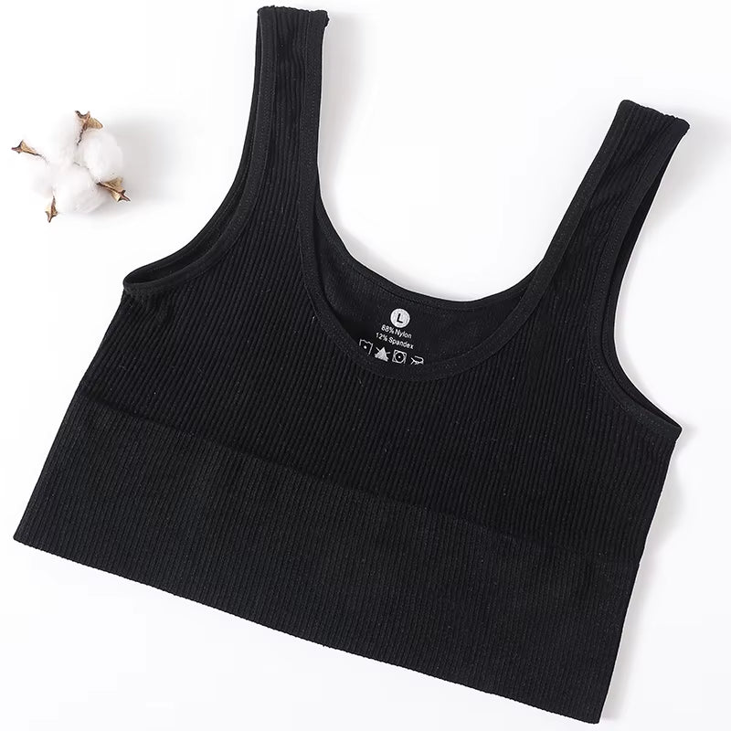 Women Seamless Ribbed Cropped Tank Top High Elastic Sleeveless Top Sexy Lingerie Sports Underwear O-Neck Bra Daily Camisole M-XL