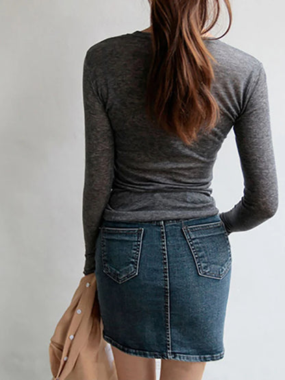 Slim High Quality Plain T Shirt Women Cotton Elastic Basic T-Shirts Female Casual Tops Long Sleeve Sexy Thin T-Shirt See Through