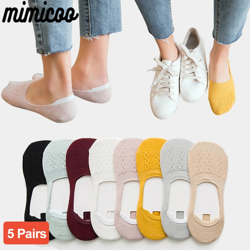 5 Pairs Women Cotton Low Cut Socks Solid Snowflake Softable Summer Silicone Non-Slip Deep Mouth Prevent Heel Loss Slipper Socks