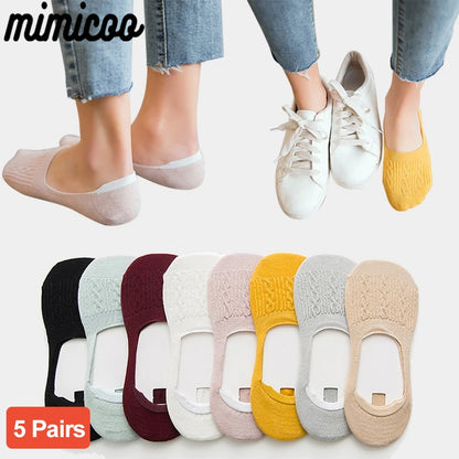 5 Pairs Women Cotton Low Cut Socks Solid Snowflake Softable Summer Silicone Non-Slip Deep Mouth Prevent Heel Loss Slipper Socks
