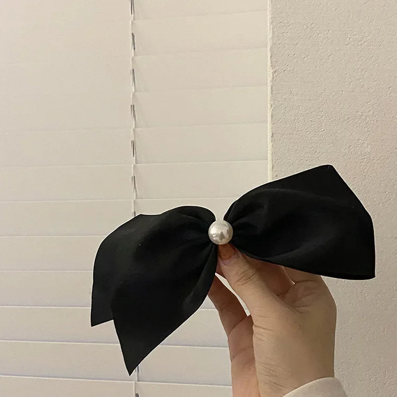 Korean Style Simple Black Ribbon Satin Bow Hair Clip Sweet Elegant Imitation Pearl Barrette Hair Grip Hair Pin for Women Girls
