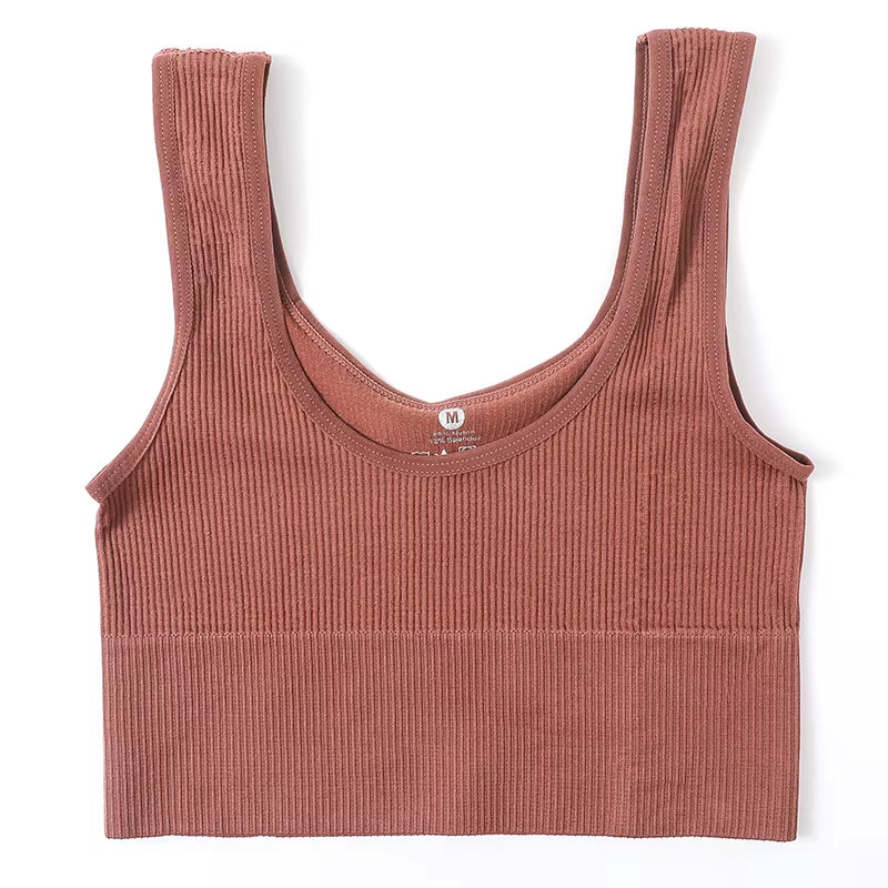 Women Seamless Ribbed Cropped Tank Top High Elastic Sleeveless Top Sexy Lingerie Sports Underwear O-Neck Bra Daily Camisole M-XL