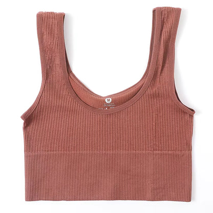 Women Seamless Ribbed Cropped Tank Top High Elastic Sleeveless Top Sexy Lingerie Sports Underwear O-Neck Bra Daily Camisole M-XL