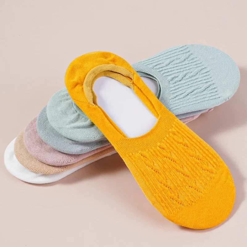 5 Pairs Women Cotton Low Cut Socks Solid Snowflake Softable Summer Silicone Non-Slip Deep Mouth Prevent Heel Loss Slipper Socks