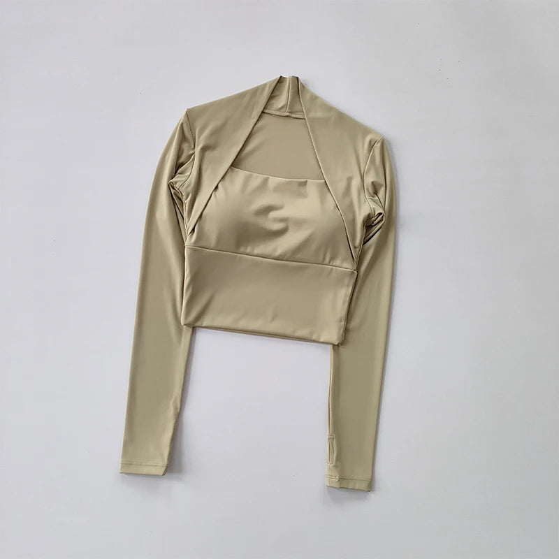 Fitness Chest Cushion Sports Top Women Long Sleeve Shirts Pra Speed up Short Elegant Dance Yoga Clothes Small Waistband Gym