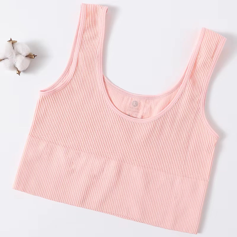 Women Seamless Ribbed Cropped Tank Top High Elastic Sleeveless Top Sexy Lingerie Sports Underwear O-Neck Bra Daily Camisole M-XL