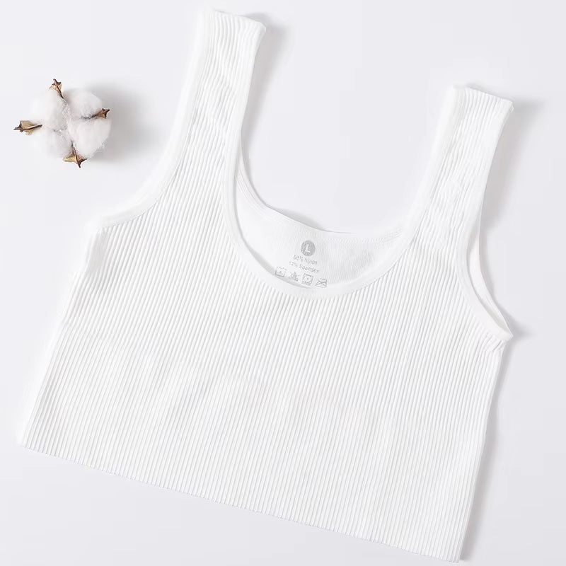 Women Seamless Ribbed Cropped Tank Top High Elastic Sleeveless Top Sexy Lingerie Sports Underwear O-Neck Bra Daily Camisole M-XL