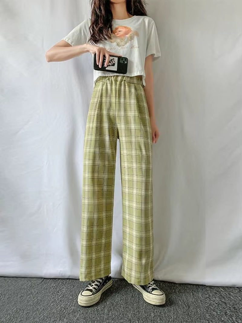Plaid Pants Women Casual Loose Wide Leg Trousers No Pocket Ins Retro Teens Straight Trousers Hip-Hop Unisex Streetwear