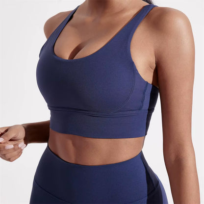 Solid Color Women Cross Back Fitness Sport Bra High Strength Tight Top Comprehensive Training Gym Yoga Underwear with Chest Pad