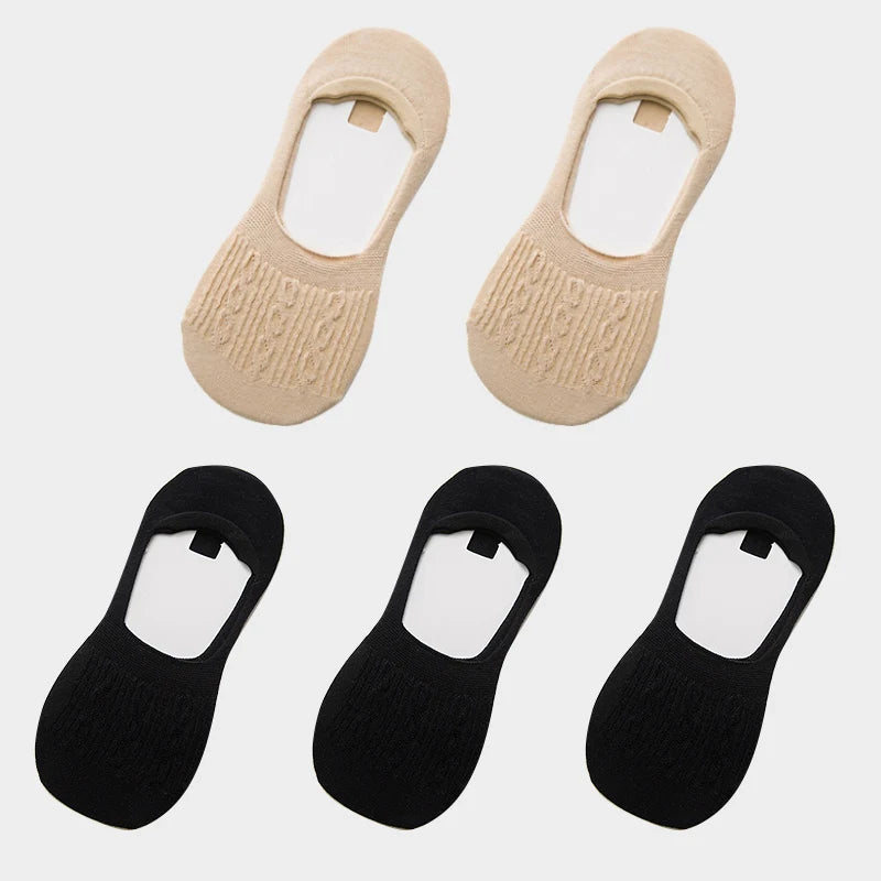 5 Pairs Women Cotton Low Cut Socks Solid Snowflake Softable Summer Silicone Non-Slip Deep Mouth Prevent Heel Loss Slipper Socks