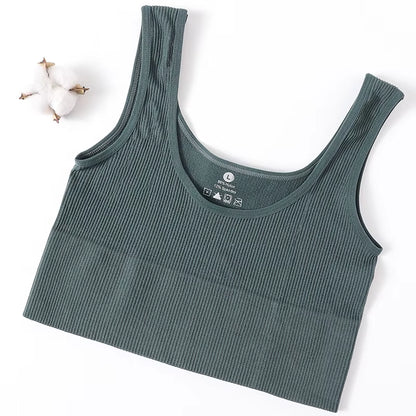 Women Seamless Ribbed Cropped Tank Top High Elastic Sleeveless Top Sexy Lingerie Sports Underwear O-Neck Bra Daily Camisole M-XL