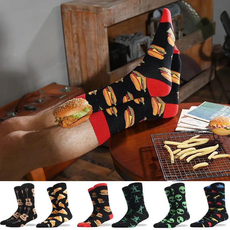 Men'S Socks Funny Big Size Alien Delicious Food Print Colorful Snacks Burger Pizza Happy Harajuku Skate Cotton Sokken