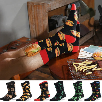 Men'S Socks Funny Big Size Alien Delicious Food Print Colorful Snacks Burger Pizza Happy Harajuku Skate Cotton Sokken