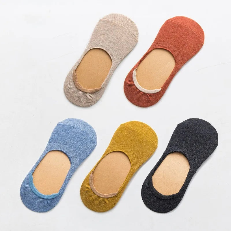 5 Pairs Women Cotton Low Cut Socks Solid Snowflake Softable Summer Silicone Non-Slip Deep Mouth Prevent Heel Loss Slipper Socks