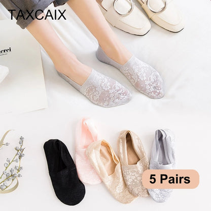5 Pairs Fashion Women Girls Summer Socks Style Lace Flower Short Sock Antiskid Invisible Ankle Socks New 7 Colors