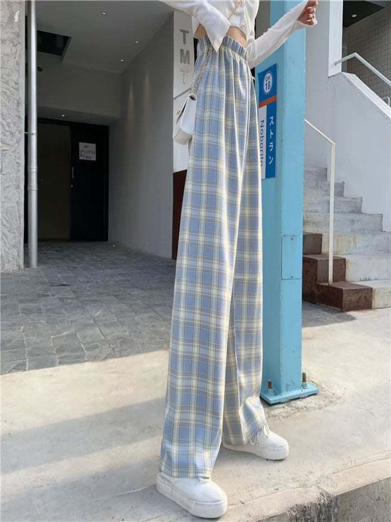 Plaid Pants Women Casual Loose Wide Leg Trousers No Pocket Ins Retro Teens Straight Trousers Hip-Hop Unisex Streetwear