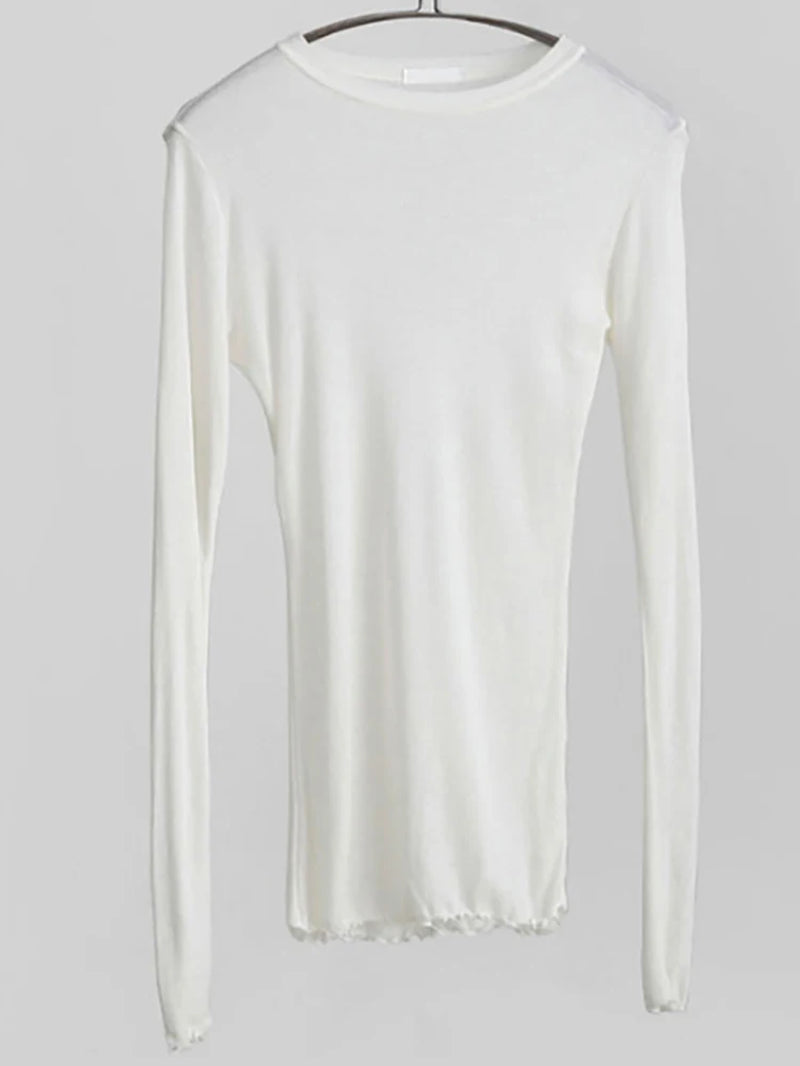 Slim High Quality Plain T Shirt Women Cotton Elastic Basic T-Shirts Female Casual Tops Long Sleeve Sexy Thin T-Shirt See Through