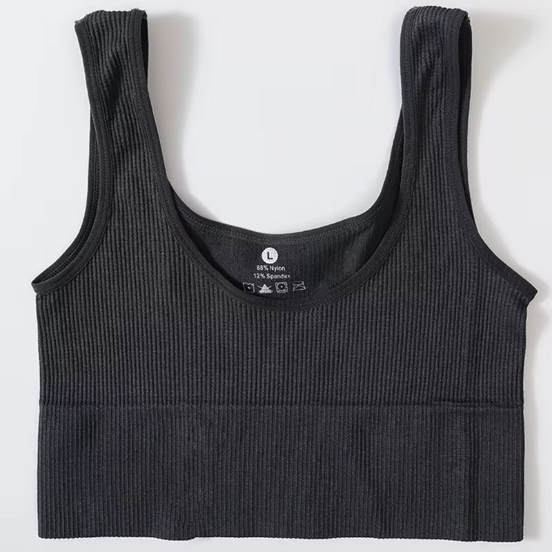 Women Seamless Ribbed Cropped Tank Top High Elastic Sleeveless Top Sexy Lingerie Sports Underwear O-Neck Bra Daily Camisole M-XL