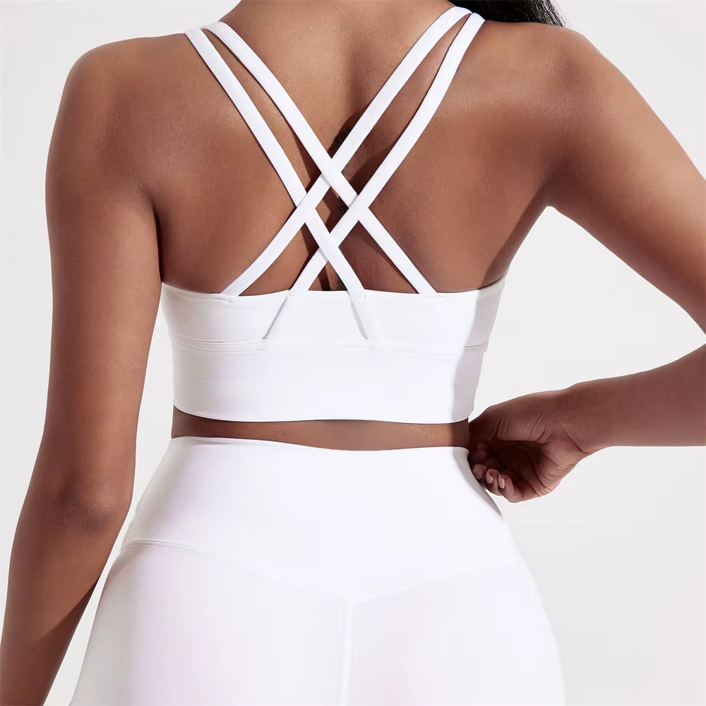 Solid Color Women Cross Back Fitness Sport Bra High Strength Tight Top Comprehensive Training Gym Yoga Underwear with Chest Pad