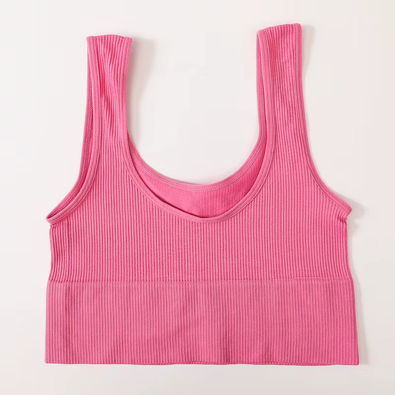 Women Seamless Ribbed Cropped Tank Top High Elastic Sleeveless Top Sexy Lingerie Sports Underwear O-Neck Bra Daily Camisole M-XL