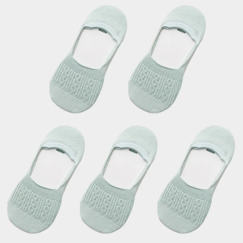 5 Pairs Women Cotton Low Cut Socks Solid Snowflake Softable Summer Silicone Non-Slip Deep Mouth Prevent Heel Loss Slipper Socks