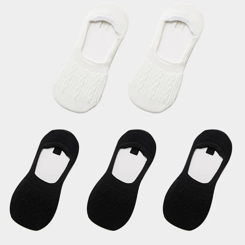 5 Pairs Women Cotton Low Cut Socks Solid Snowflake Softable Summer Silicone Non-Slip Deep Mouth Prevent Heel Loss Slipper Socks