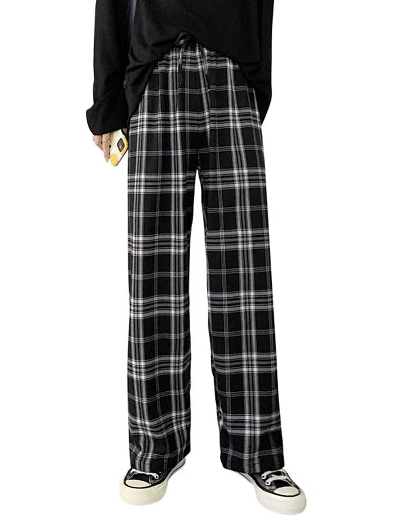 Plaid Pants Women Casual Loose Wide Leg Trousers No Pocket Ins Retro Teens Straight Trousers Hip-Hop Unisex Streetwear