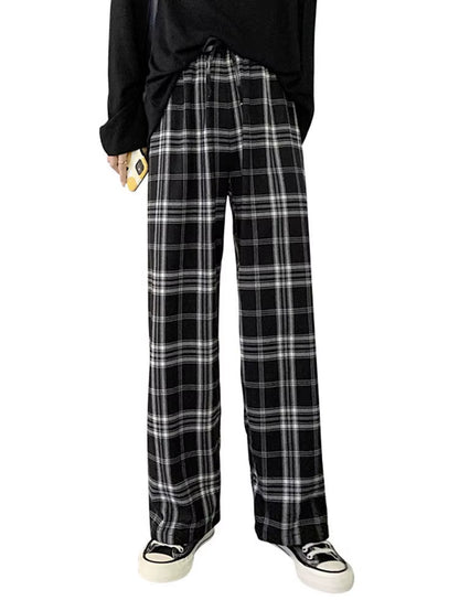 Plaid Pants Women Casual Loose Wide Leg Trousers No Pocket Ins Retro Teens Straight Trousers Hip-Hop Unisex Streetwear