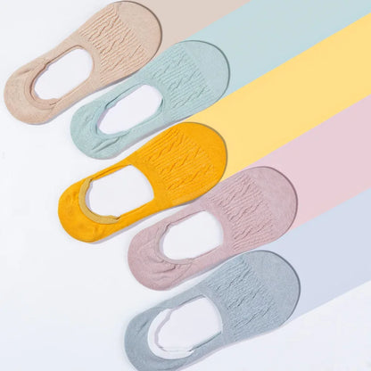 5 Pairs Women Cotton Low Cut Socks Solid Snowflake Softable Summer Silicone Non-Slip Deep Mouth Prevent Heel Loss Slipper Socks