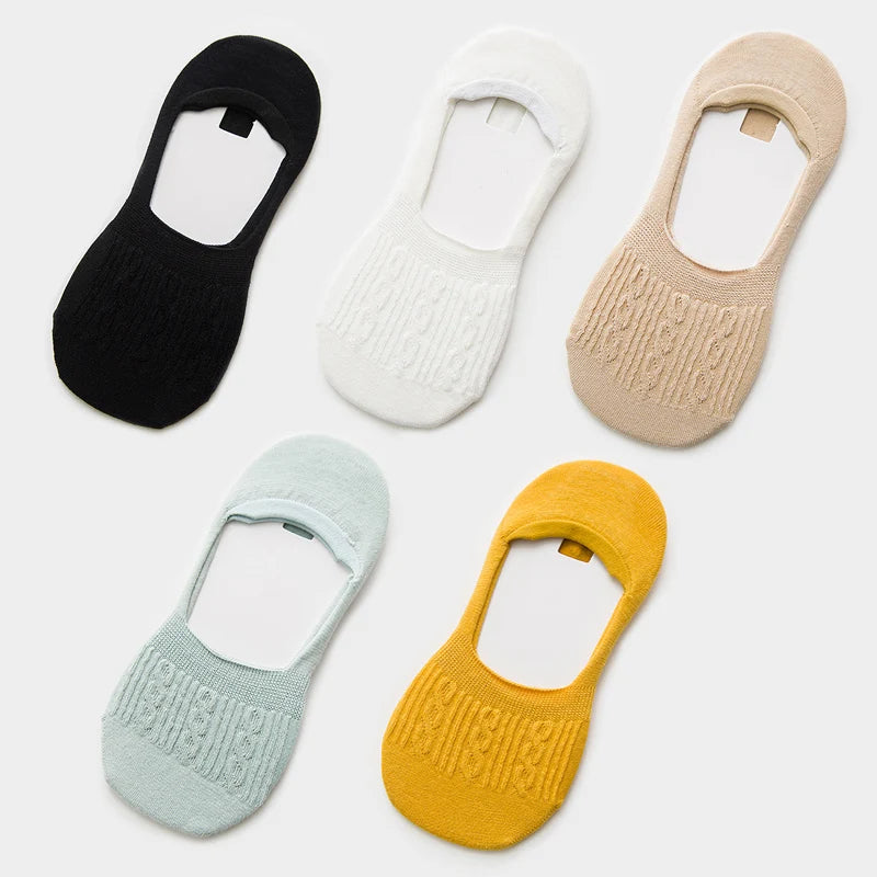 5 Pairs Women Cotton Low Cut Socks Solid Snowflake Softable Summer Silicone Non-Slip Deep Mouth Prevent Heel Loss Slipper Socks