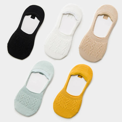 5 Pairs Women Cotton Low Cut Socks Solid Snowflake Softable Summer Silicone Non-Slip Deep Mouth Prevent Heel Loss Slipper Socks