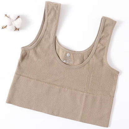 Women Seamless Ribbed Cropped Tank Top High Elastic Sleeveless Top Sexy Lingerie Sports Underwear O-Neck Bra Daily Camisole M-XL