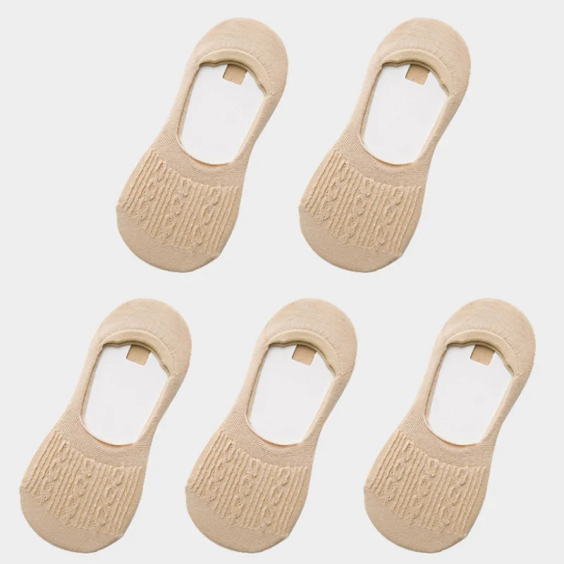 5 Pairs Women Cotton Low Cut Socks Solid Snowflake Softable Summer Silicone Non-Slip Deep Mouth Prevent Heel Loss Slipper Socks