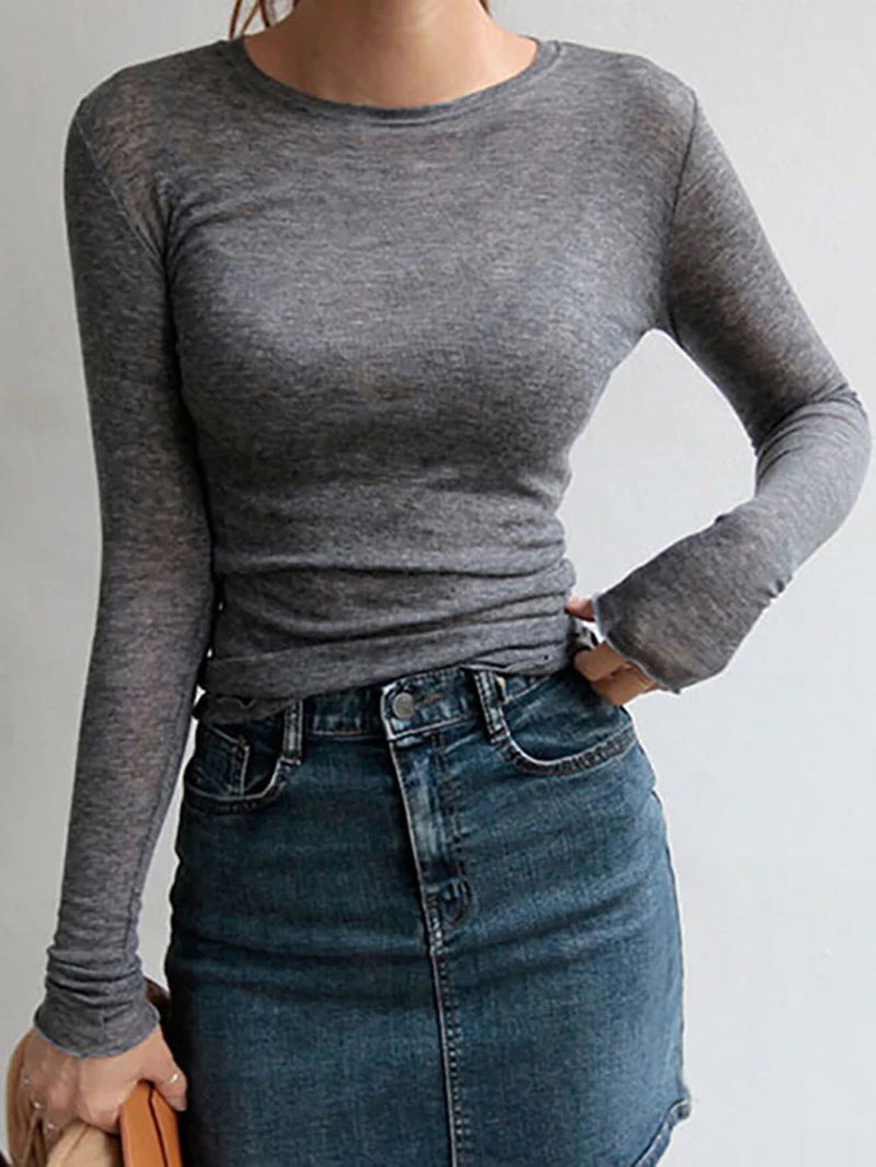Slim High Quality Plain T Shirt Women Cotton Elastic Basic T-Shirts Female Casual Tops Long Sleeve Sexy Thin T-Shirt See Through