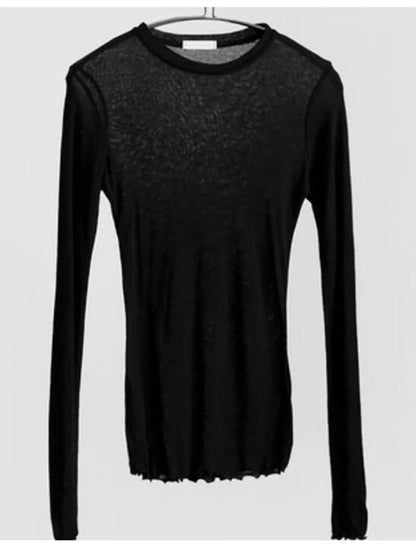 Slim High Quality Plain T Shirt Women Cotton Elastic Basic T-Shirts Female Casual Tops Long Sleeve Sexy Thin T-Shirt See Through