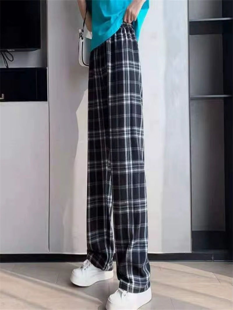 Plaid Pants Women Casual Loose Wide Leg Trousers No Pocket Ins Retro Teens Straight Trousers Hip-Hop Unisex Streetwear