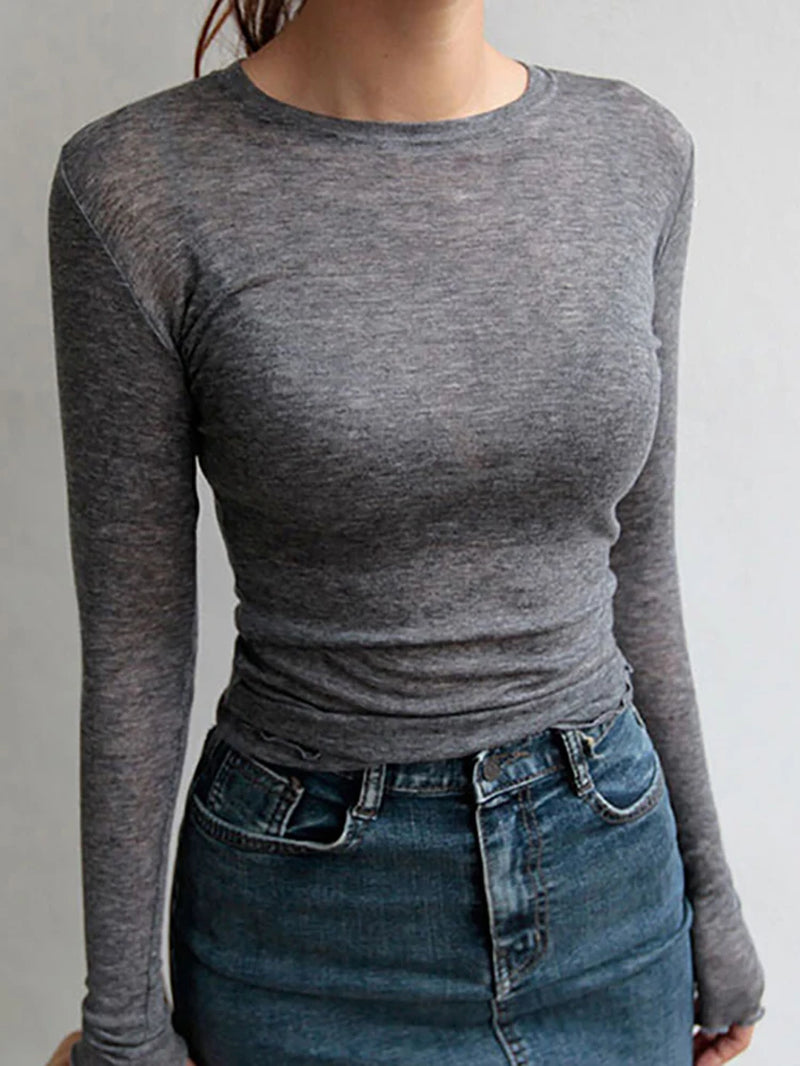 Slim High Quality Plain T Shirt Women Cotton Elastic Basic T-Shirts Female Casual Tops Long Sleeve Sexy Thin T-Shirt See Through