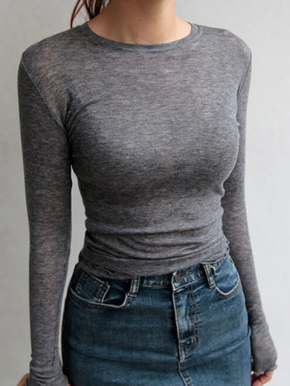Slim High Quality Plain T Shirt Women Cotton Elastic Basic T-Shirts Female Casual Tops Long Sleeve Sexy Thin T-Shirt See Through