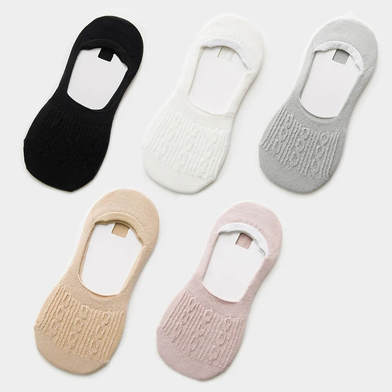 5 Pairs Women Cotton Low Cut Socks Solid Snowflake Softable Summer Silicone Non-Slip Deep Mouth Prevent Heel Loss Slipper Socks