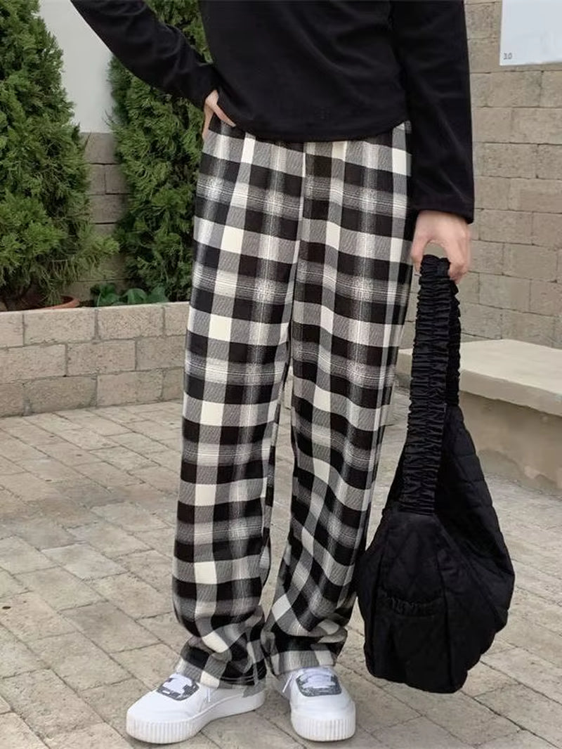 Plaid Pants Women Casual Loose Wide Leg Trousers No Pocket Ins Retro Teens Straight Trousers Hip-Hop Unisex Streetwear