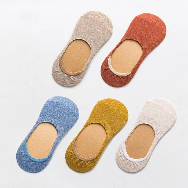 5 Pairs Women Cotton Low Cut Socks Solid Snowflake Softable Summer Silicone Non-Slip Deep Mouth Prevent Heel Loss Slipper Socks