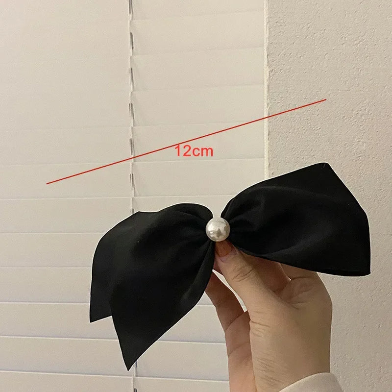 Korean Style Simple Black Ribbon Satin Bow Hair Clip Sweet Elegant Imitation Pearl Barrette Hair Grip Hair Pin for Women Girls