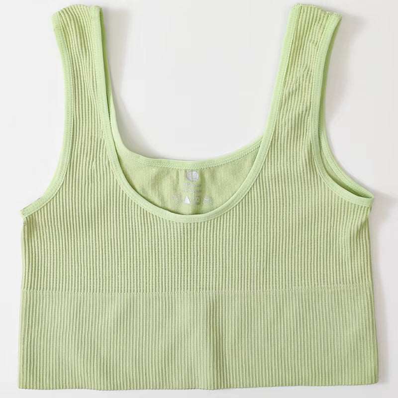 Women Seamless Ribbed Cropped Tank Top High Elastic Sleeveless Top Sexy Lingerie Sports Underwear O-Neck Bra Daily Camisole M-XL