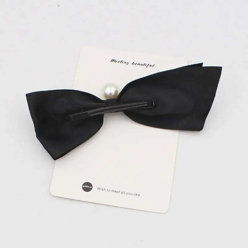 Korean Style Simple Black Ribbon Satin Bow Hair Clip Sweet Elegant Imitation Pearl Barrette Hair Grip Hair Pin for Women Girls