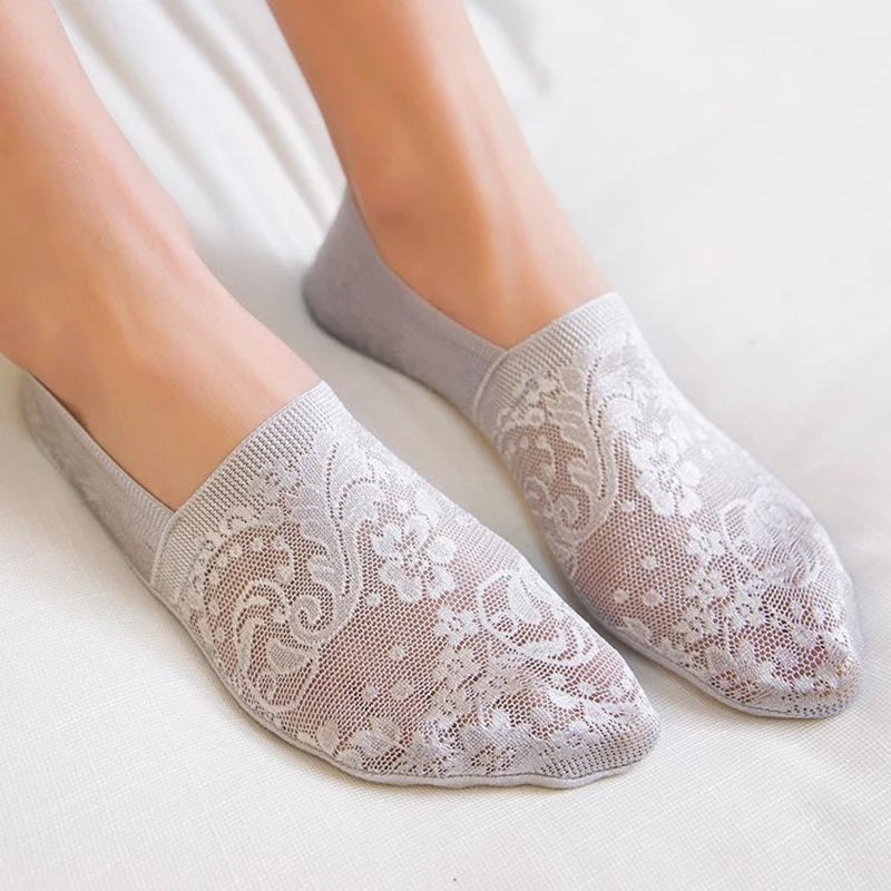 5 Pairs Fashion Women Girls Summer Socks Style Lace Flower Short Sock Antiskid Invisible Ankle Socks New 7 Colors