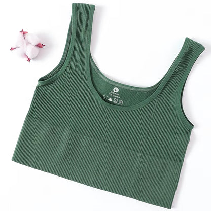 Women Seamless Ribbed Cropped Tank Top High Elastic Sleeveless Top Sexy Lingerie Sports Underwear O-Neck Bra Daily Camisole M-XL
