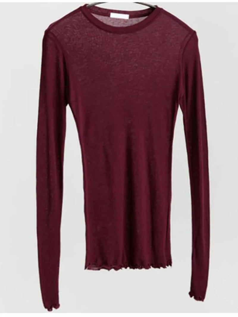 Slim High Quality Plain T Shirt Women Cotton Elastic Basic T-Shirts Female Casual Tops Long Sleeve Sexy Thin T-Shirt See Through