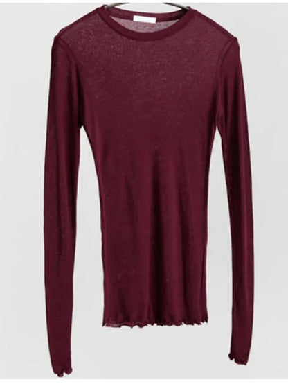 Slim High Quality Plain T Shirt Women Cotton Elastic Basic T-Shirts Female Casual Tops Long Sleeve Sexy Thin T-Shirt See Through