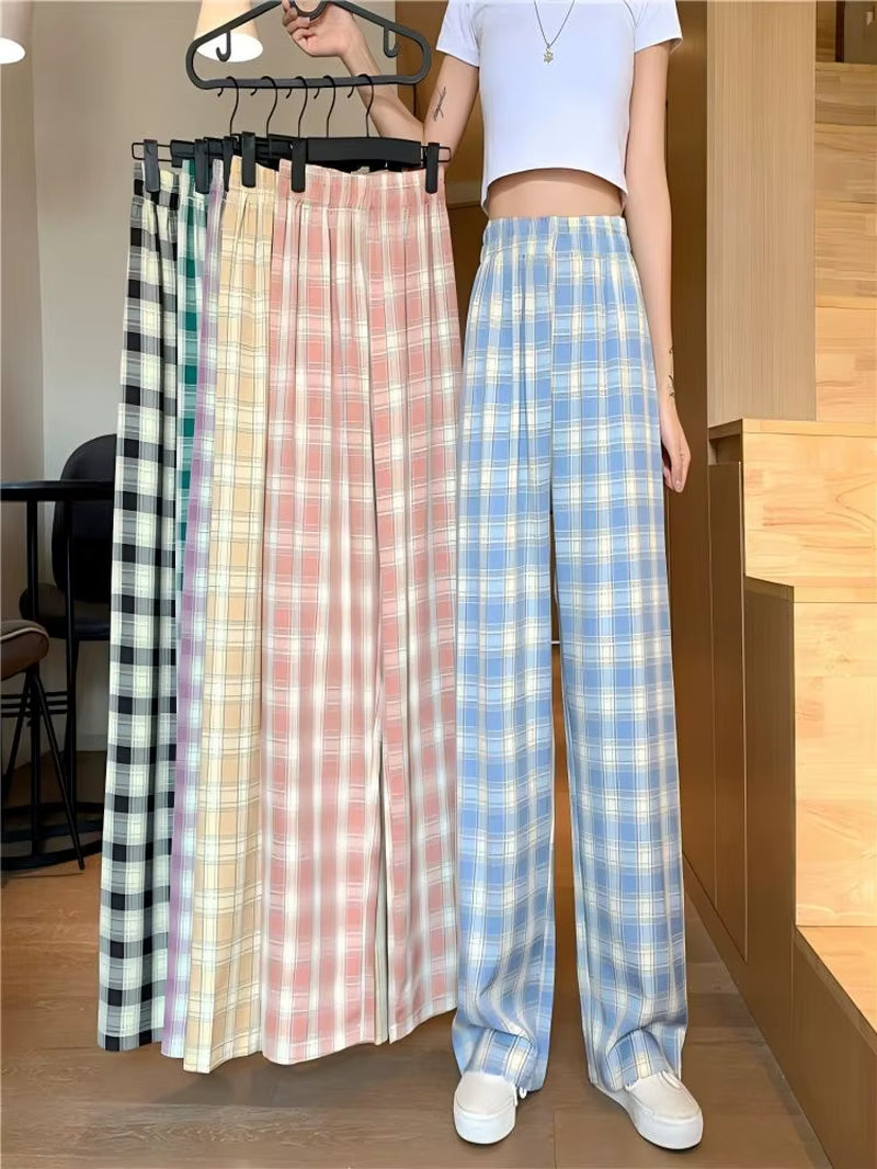 Plaid Pants Women Casual Loose Wide Leg Trousers No Pocket Ins Retro Teens Straight Trousers Hip-Hop Unisex Streetwear
