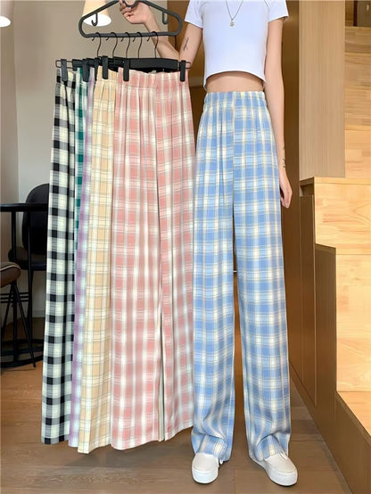 Plaid Pants Women Casual Loose Wide Leg Trousers No Pocket Ins Retro Teens Straight Trousers Hip-Hop Unisex Streetwear